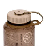 Brown water bottle with a beige cap and handle on a white background