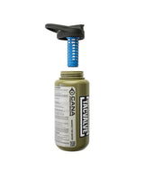 Green bottle with black and blue filter floating above it on a white background