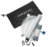 Platypus water bladder with components and black carrying pouch on a white background