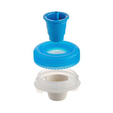 A three-piece plastic bottle cap, featuring a bright blue top cone, a larger blue ridged circular piece, and a translucent white bottom piece, shown against a plain white background.