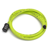 green garden hose with black fittings on a white background