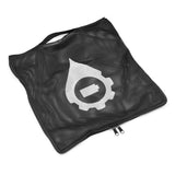 Black mesh bag with a white logo on a white background