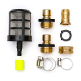 Collection of hose connectors and parts on a white background