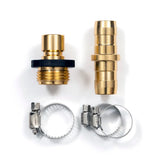 Two brass connectors and two metal clamps for hose connections on a white background
