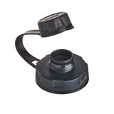 A humangear capcap water bottle lid with a black body, a black carrying loop, and a black screw-on cap, shown on a plain white background.