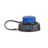 A humangear capcap water bottle lid with a black body, a black carrying loop, and a blue screw-on cap, shown on a plain white background.