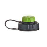 A humangear capcap water bottle lid with a black body, a black carrying loop, and a green screw-on cap, shown on a plain white background.
