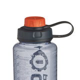A clear plastic Nalgene bottle with a black screw cap, an orange cap lid, and a black carrying loop, shown against a plain white background.
