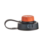 A humangear capcap water bottle lid with a black body, a black carrying loop, and a orange screw-on cap, shown on a plain white background.