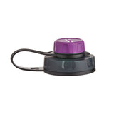 A humangear capcap water bottle lid with a black body, a black carrying loop, and a purple screw-on cap, shown on a plain white background.