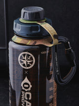 translucent tan water bottle with camouflage-patterned strap on a gray surface