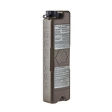 A tan plastic water bottle shown vertically against a plain white background, featuring a black cap and white labels with text and logos.