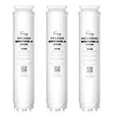 Three white cylindrical water filter cartridges standing upright against a plain white background. The center and left filters are labeled FPCA100, and the right filter is labeled MCD100HC.
