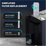 Filter replacement guide graphic showing three filter cartridges: MCD100HC up to 24 months, FPCA100 up to 12 months, and FNF100 brush every 3 weeks, alongside a black appliance with a white filter canister labeled FPCA100.