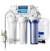 An iSpring water filtration system with a white reverse osmosis unit, a blue transparent membrane filter, a white storage tank, and a chrome faucet, shown on a white background with a 'PATENTED' badge overlay.