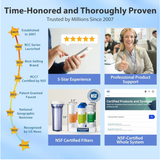 A promotional infographic for an RCC7 certified water filter system. The graphic features a light blue gradient background with text highlighting 'Time-Honored and Thoroughly Proven' and 'Trusted by Millions Since 2007'.