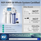 NSF/ANSI 58 whole system water filter certification graphic featuring a white and blue water filtration system on the left, with text listing certification tests and other non-certified brands on the right. NSF logo is visible at the bottom left.
