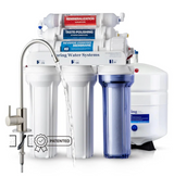 A multi-stage reverse osmosis water filtration system with a white storage tank, a blue pre-filter canister, and three white filter cartridges with silver and blue labels. A curved stainless steel faucet is shown on the left with water flowing, and a 'PATENTED' badge is overlaid near the bottom.