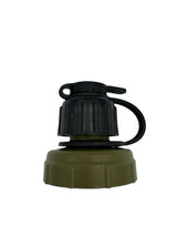 Green and black water bottle cap on a white background