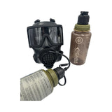 Black mira gas mask with two water bottles on a white background