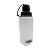 clear tacvalve modcan water bottle with black lid and black tether, on a white background