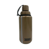 coyote tan tacvalve modcan water bottle with tan lid and black tether, on a white background