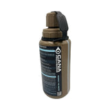 coyote tan tacvalve modcan water bottle with tan lid and black tether with black cana provisions water data decal with treatment information on the bottle, on a white background