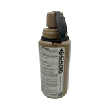 coyote tan tacvalve modcan water bottle with tan lid and black tether with cana provisions water data decal with treatment information on the bottle, on a white background