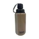 coyote tan tacvalve modcan water bottle with black lid and black tether, on a white background