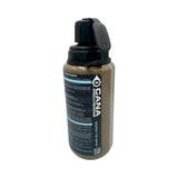 coyote tan tacvalve modcan water bottle with black lid and black tether with black cana provisions water data decal with treatment information on the bottle, on a white background