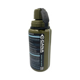 olive green tacvalve modcan water bottle with green lid and black tether with black cana provisions water data decal with treatment information on the bottle, on a white background