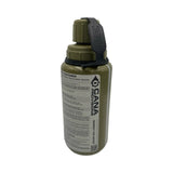olive green tacvalve modcan water bottle with green lid and black tether with cana provisions water data decal with treatment information on the bottle, on a white background