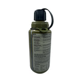 Green water bottle with black cap on a white background