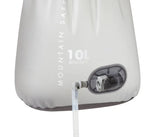 close up of MSR autoflow 10l hydration bladder showing the tubing connection port, on a white background