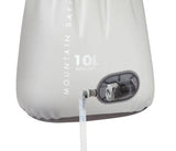 close up of MSR autoflow 10l hydration bladder showing the tubing connection port, on a white background