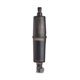 A single MSR thru-link water filter shown vertically against a plain white background. The filter has a translucent dark gray body with a small quick connect fitting at the bottom.