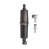 A single MSR thru-link water filter shown vertically against a plain white background. The filter has a translucent dark gray body with a small quick connect fitting at the bottom. two tubing connectors are shown on the right side of the image.