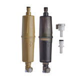 Two MSR water filters shown vertically against a plain white background. One filter has a desert tan body and one has a translucent dark grey body, each with a small quick connect fitting at the bottom.