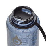 Close-up of a translucent nalgene water bottle with a nalgene splash guard inserted, featuring a black graphic print on the body.