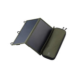 Foldable solar panel with green exterior on a white background