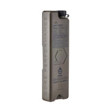 A tall, rectangular tan water bottle with a black cap, featuring embossed vertical text reading 'Qore Performance' and printed technical labels on the side, isolated on a white background.