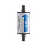A cylindrical GravityWorks Carbon Element filter with a white body, black plastic ends, and a blue arrow graphic indicating flow direction on a white background.