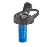 A blue water filter cartridge with a black ribbed cap and a black carrying loop, shown on a solid white background.