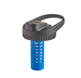 A blue cylindrical filter cartridge with a black ribbed cap and a black loop handle, shown on a solid white background.