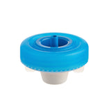 A blue plastic bottle cap with a ribbed outer ring, a central protruding stem, and a white inner base, shown on a plain white background.