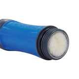 Blue and black platypus water filter on a white background