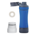 Blue and black platypus water filter with additional components on a white background