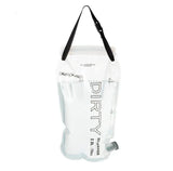 Clear water filter bag with black strap labeled 'DIRTY' on a white background