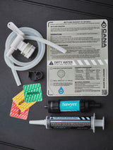 Water filtration system components on a black background with labels and instructions.