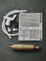 Water filtration system components on a grey surface with labels and instructions.